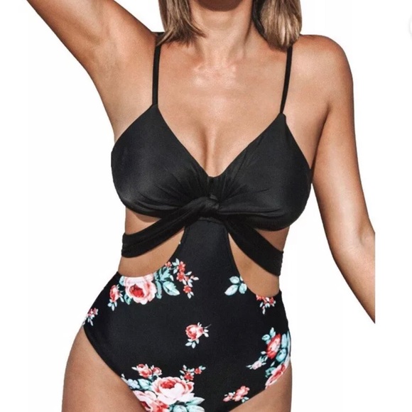 NWT CUPSHE Black Floral Wrap Cutout 1 Piece Bathing Suit Swimsuit Sz S Tie Back - Picture 2 of 14